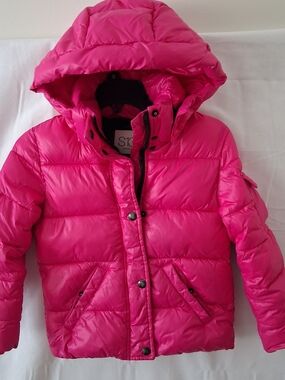 S13 New York Kids Girls Hot Pink Glossy Puffer Jacket Detachable Hood Size 4